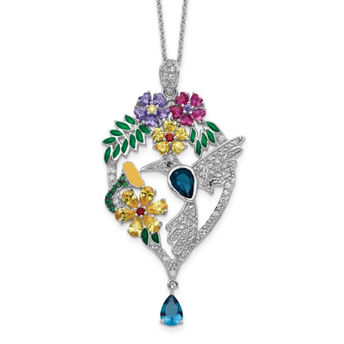 Cheryl M Sterling Silver Rhodium-plated Enameled Multicolor Brilliant-cut Glass and CZ Floral Hummingbird Necklace, 18"
