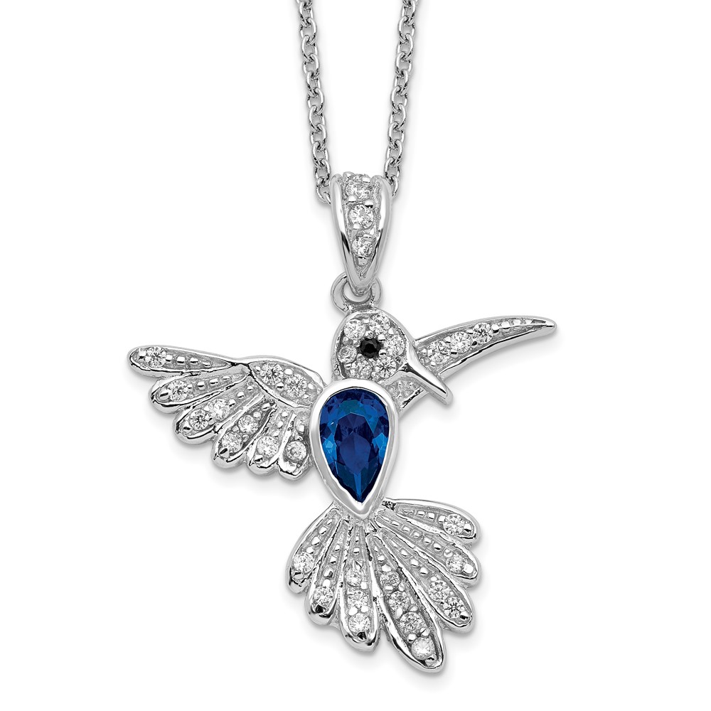 Sterling Silver Cheryl M Rh-p CZ LabCr. Blue Spinel Hummingbird Necklace
