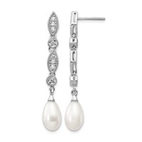 Cheryl M Sterling Silver Rhodium-plated Teardrop Freshwater Cultured Pearl and Brilliant-cut CZ Post Dangle Earrings view 1