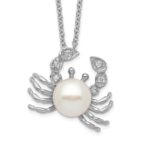 Cheryl M Sterling Silver Rhodium-plated Freshwater Cultured Pearl and Brilliant-cut CZ Crab Necklace, 18"