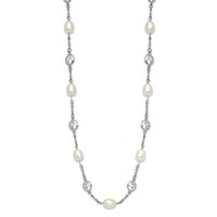 Cheryl M Sterling Silver Rhodium-plated Freshwater Cultured Pearl and Brilliant-cut CZ Bezel Station Necklace, 36" view 2