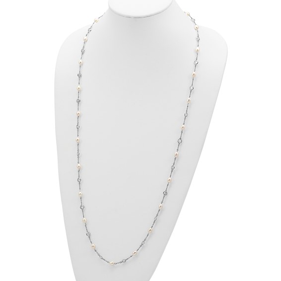 Cheryl M Sterling Silver Rhodium-plated Freshwater Cultured Pearl and Brilliant-cut CZ Bezel Station 36 Inch Necklace