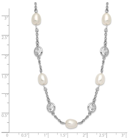 Cheryl M Sterling Silver Rhodium-plated Freshwater Cultured Pearl and Brilliant-cut CZ Bezel Station 36 Inch Necklace