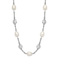 Cheryl M Sterling Silver Rhodium-plated Freshwater Cultured Pearl and Brilliant-cut CZ Bezel Station Necklace, 36" view 1