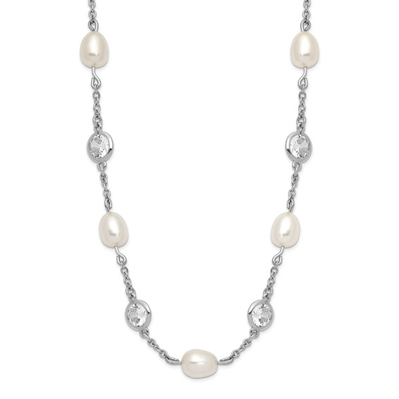 Cheryl M Sterling Silver Rhodium-plated Freshwater Cultured Pearl and Brilliant-cut CZ Bezel Station 36 Inch Necklace