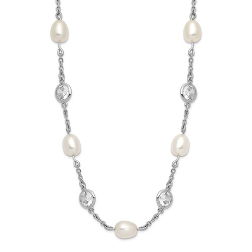 Cheryl M Sterling Silver Rhodium-plated Freshwater Cultured Pearl and Brilliant-cut CZ Bezel Station Necklace, 36"