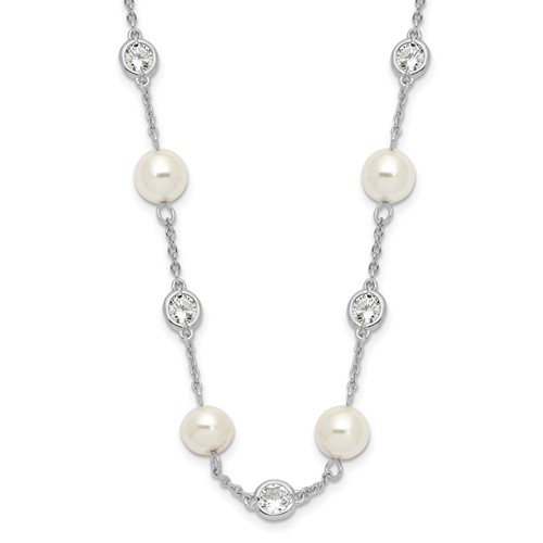 Cheryl M Sterling Silver Rhodium-plated Glass Pearl and Brilliant-cut CZ Bezel Station Necklace, 36"