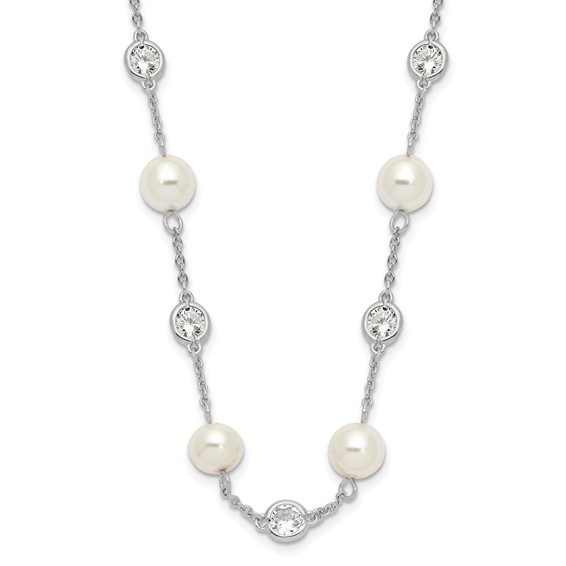 Cheryl M Sterling Silver Rhodium-plated Glass Pearl and Brilliant-cut CZ Bezel Station 36 Inch Necklace