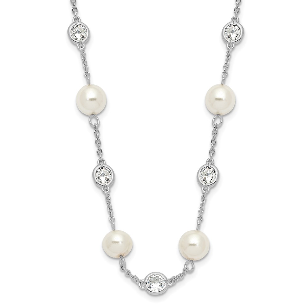 Sterling Silver Cheryl M Rh-p CZ Simulated Pearl Station 36in Necklace
