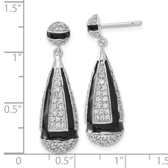 Sterling Silver CZ & Black Enamel Dangle Post Earrings