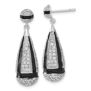 Sterling Silver CZ & Black Enamel Dangle Post Earrings