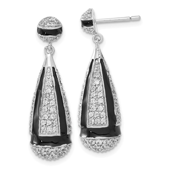 Sterling Silver CZ & Black Enamel Dangle Post Earrings
