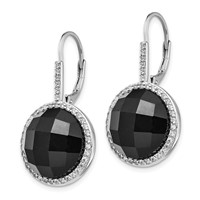 Cheryl M Sterling Silver Rhodium-plated Checker-cut Onyx and Brilliant-cut White CZ Round Halo Dangle Leverback Earrings view 2