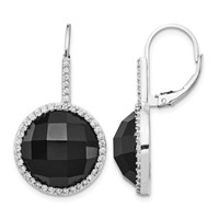 Cheryl M Sterling Silver Rhodium-plated Checker-cut Onyx and Brilliant-cut White CZ Round Halo Dangle Leverback Earrings view 1
