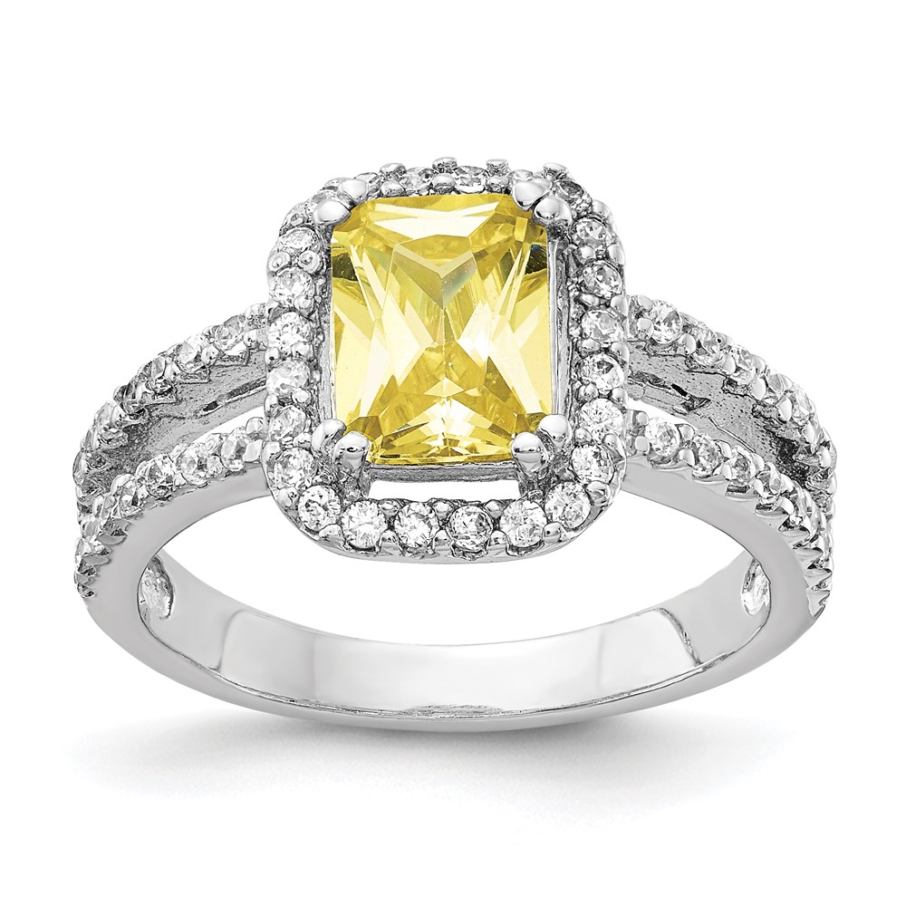 Cheryl M Sterling Silver Rhodium Plated Cushion CZ Canary Square Ring