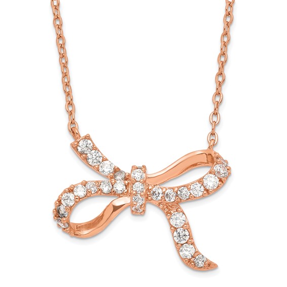 Sterling Silver CZ Rose-tone Bow Necklace
