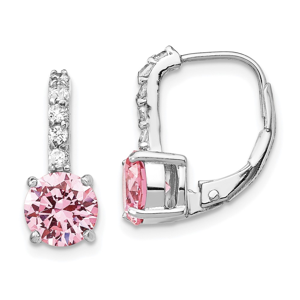Cheryl M Sterling Silver RH Clear CZ and Round Pink CZ Leverback Earrings
