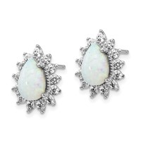 Cheryl M Sterling Silver Rhodium-plated Cabochon Lab Created Opal and Brilliant-cut CZ Teardrop Halo Post Earrings view 2