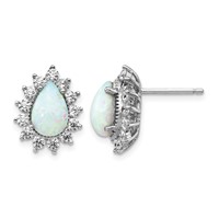 Cheryl M Sterling Silver Rhodium-plated Cabochon Lab Created Opal and Brilliant-cut CZ Teardrop Halo Post Earrings view 1