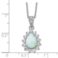 Cheryl M Sterling Silver Rhodium-plated Cabochon Lab Created Opal and Brilliant-cut CZ Teardrop Halo Necklace, 18" view 2