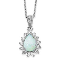 Cheryl M Sterling Silver Rhodium-plated Cabochon Lab Created Opal and Brilliant-cut CZ Teardrop Halo Necklace, 18" view 1