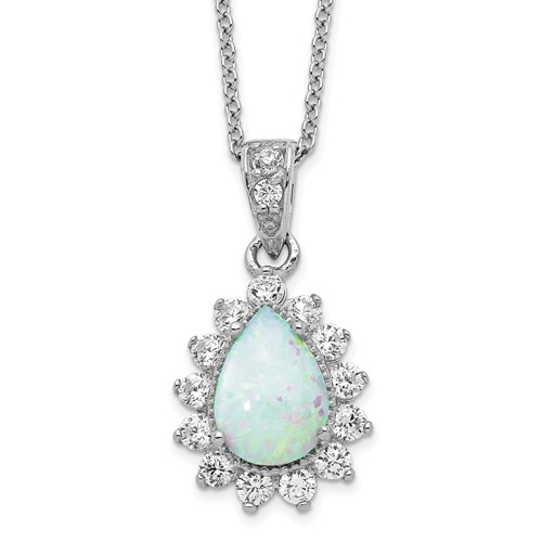 Cheryl M Sterling Silver Rhodium-plated Cabochon Lab Created Opal and Brilliant-cut CZ Teardrop Halo Necklace, 18"