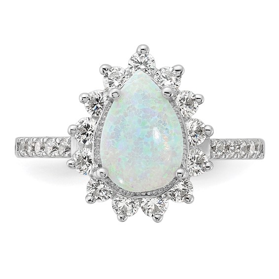 Cheryl M Sterling Silver Rhodium-plated Cabochon Lab Created Opal and Brilliant-cut CZ Teardrop Halo Ring