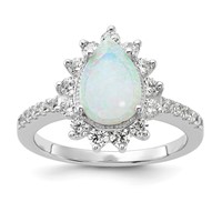 Cheryl M Sterling Silver Rhodium-plated Cabochon Lab Created Opal and Brilliant-cut CZ Teardrop Halo Ring view 1