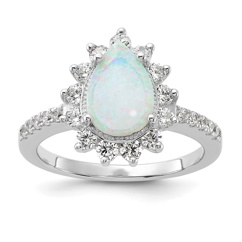Sterling Silver Cheryl M Rh-p CZ Pear Shaped Created Opal Ring