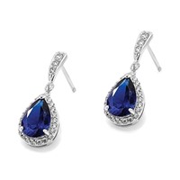 Cheryl M Sterling Silver Rhodium-plated Brilliant-cut Lab Created Dark Blue Spinel and Brilliant-cut White CZ Teardrop Post Dangle Earrings view 5
