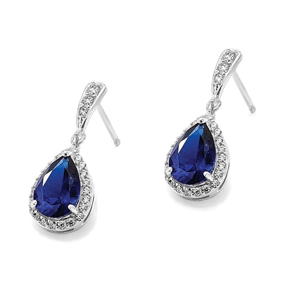 Cheryl M Sterling Silver Rhodium-plated Brilliant-cut Lab Created Dark Blue Spinel and Brilliant-cut White CZ Teardrop Post Dangle Earrings