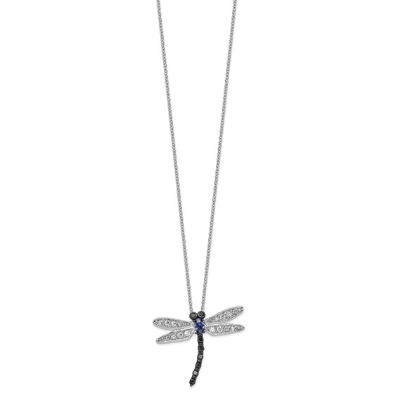 Cheryl M Sterling Silver Rhodium-plated with Black Rhodium Accent Brilliant-cut Black White and Blue CZ Dragonfly 18 Inch Necklace