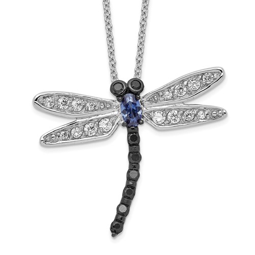 Cheryl M Sterling Silver Rhodium-plated Necklace with Black Rhodium Accent Brilliant-cut Black White and Blue CZ Dragonfly, 18"