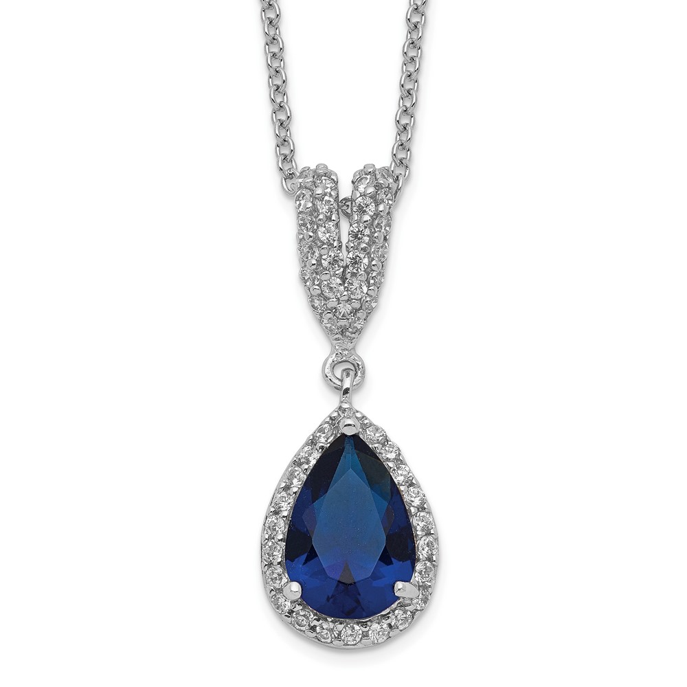 Cheryl M SS Rhod-plated CZ & Lab cr. Dark Blue Spinel Pear 18in Necklace