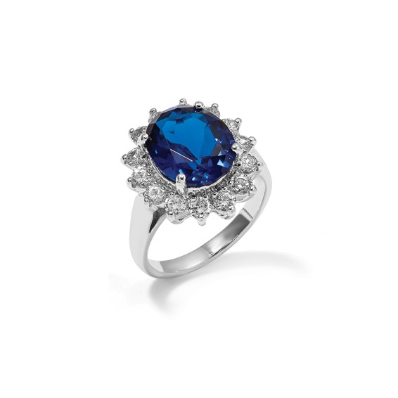 Cheryl M Sterling Silver Rhodium-plated Brilliant-cut Lab Created Dark Blue Spinel and Brilliant-cut White CZ Oval Halo Ring