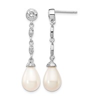 Cheryl M Sterling Silver Rhodium-plated Teardrop Freshwater Cultured Pearl and Brilliant-cut CZ Post Dangle Earrings view 1