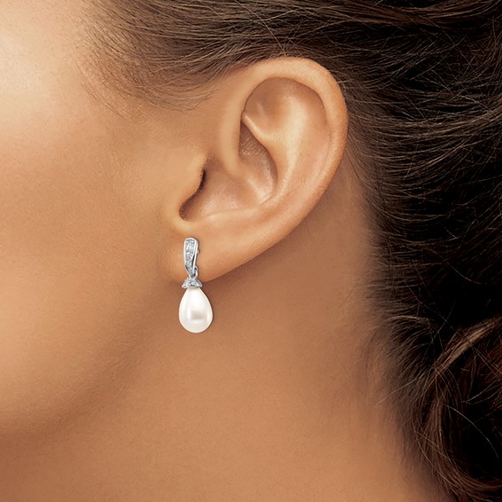 Cheryl M Sterling Silver Rhodium-plated Teardrop White Freshwater Cultured Pearl and Brilliant-cut CZ Post Dangle Earrings