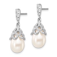 Cheryl M Sterling Silver Rhodium-plated Teardrop White Freshwater Cultured Pearl and Brilliant-cut CZ Post Dangle Earrings view 2
