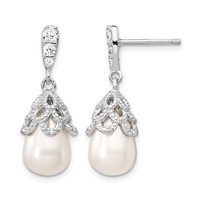 Cheryl M Sterling Silver Rhodium-plated Teardrop White Freshwater Cultured Pearl and Brilliant-cut CZ Post Dangle Earrings view 1