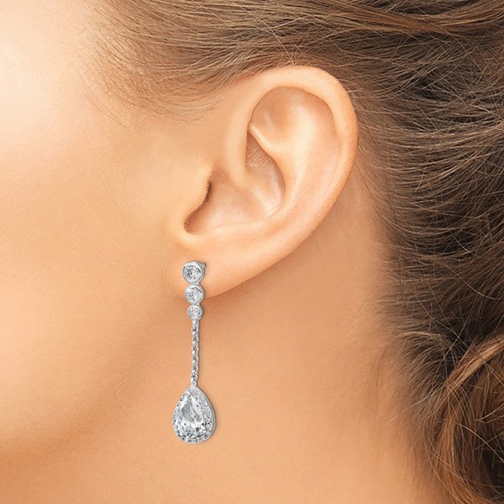 Cheryl M Sterling Silver Rhodium-plated Brilliant-cut CZ Bezel & Teardrop Halo Post Dangle Earrings