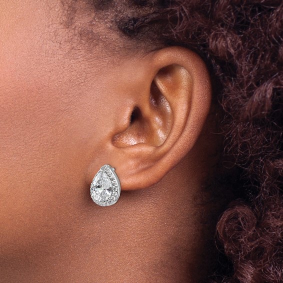 Cheryl M Sterling Silver Rhodium-plated Brilliant-cut Teardrop CZ Halo Post Earrings