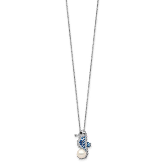 Cheryl M Sterling Silver Rhodium-plated Enameled Freshwater Cultured Pearl and Brilliant-cut CZ Seahorse 18 Inch Necklace