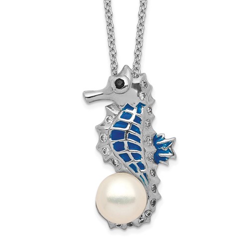 Cheryl M Sterling Silver Rhodium-plated Enameled Freshwater Cultured Pearl and Brilliant-cut CZ Seahorse Necklace, 18"