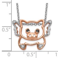 Cheryl M Sterling Silver Rose Gold-plated Brilliant-cut Black Glass and Brilliant-cut White CZ Flying Pig Necklace, 18" view 2