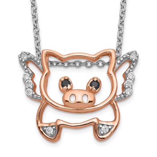 Cheryl M Sterling Silver Rose Gold-plated Brilliant-cut Black Glass and Brilliant-cut White CZ Flying Pig Necklace, 18"