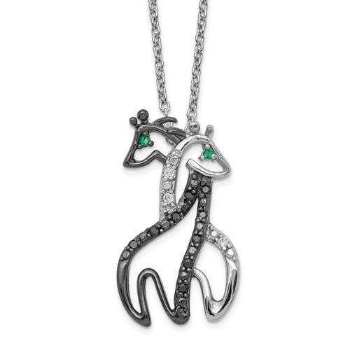 Cheryl M Sterling Silver Rhodium-plated Necklace with Black Rhodium Accent Brilliant-cut Black Green and White CZ Giraffes, 18"