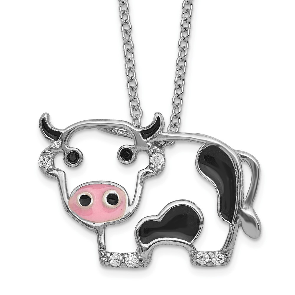 Sterling Silver Cheryl M Rhodium-plated CZ and Enamel Cow Necklace