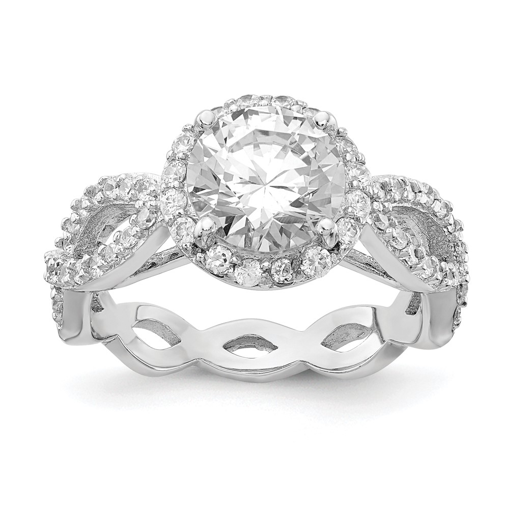 Sterling Silver Cheryl M Rhodium-plated Twisted Design Round CZ Halo Ring
