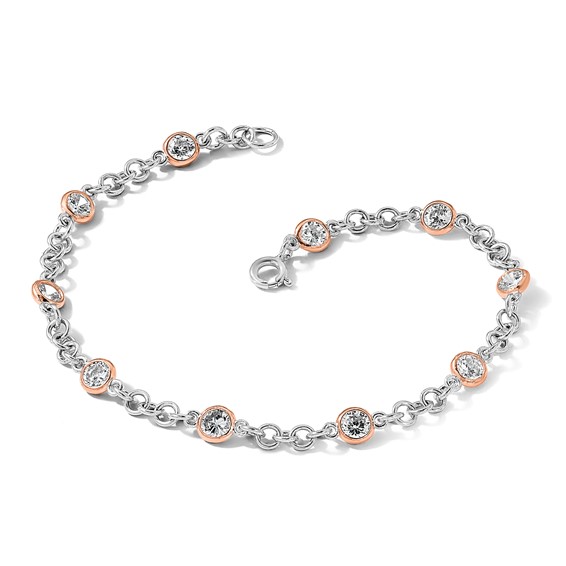 Cheryl M Sterling Silver Rhodium-plated and Rose Gold-plated Accent Brilliant-cut CZ Bezel 11 Station 7.25 Inch Bracelet