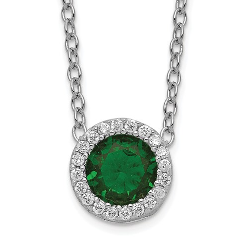 Cheryl M Sterling Silver Rhodium-plated Brilliant-cut Green Glass and Brilliant-cut White CZ Halo Necklace, 18"